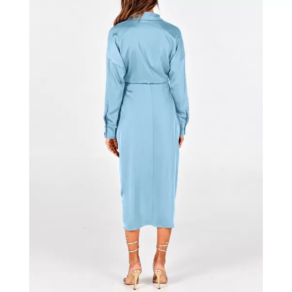 BTFBM Women Long Sleeve Satin Dress 2024 Summer Fall Lapel V Neck Button Down Belted Elegant Ruched Maxi Shirt DressesSolid Light Blue