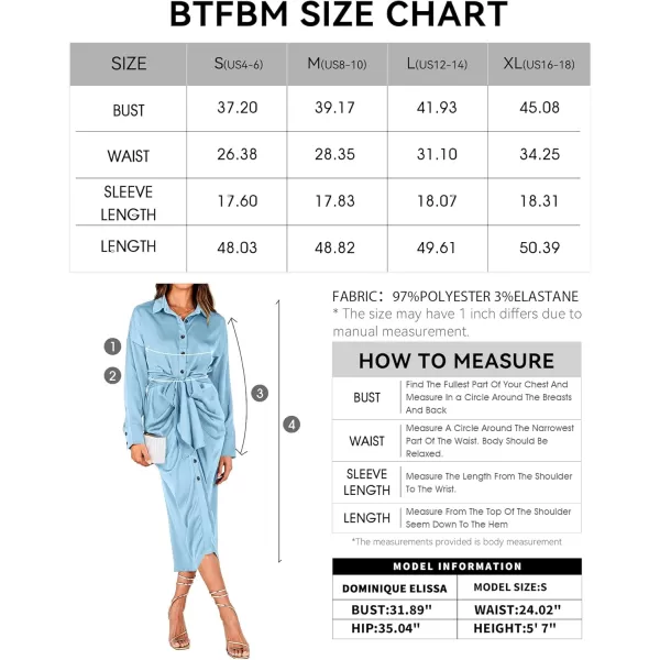BTFBM Women Long Sleeve Satin Dress 2024 Summer Fall Lapel V Neck Button Down Belted Elegant Ruched Maxi Shirt DressesSolid Light Blue