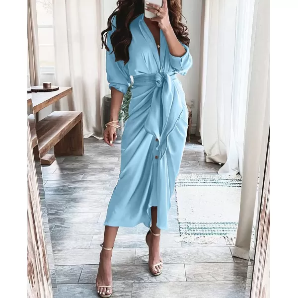 BTFBM Women Long Sleeve Satin Dress 2024 Summer Fall Lapel V Neck Button Down Belted Elegant Ruched Maxi Shirt DressesSolid Light Blue