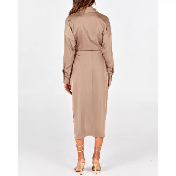 BTFBM Women Long Sleeve Satin Dress 2024 Summer Fall Lapel V Neck Button Down Belted Elegant Ruched Maxi Shirt DressesSolid Light Khaki