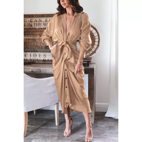 BTFBM Women Long Sleeve Satin Dress 2024 Summer Fall Lapel V Neck Button Down Belted Elegant Ruched Maxi Shirt DressesSolid Light Khaki