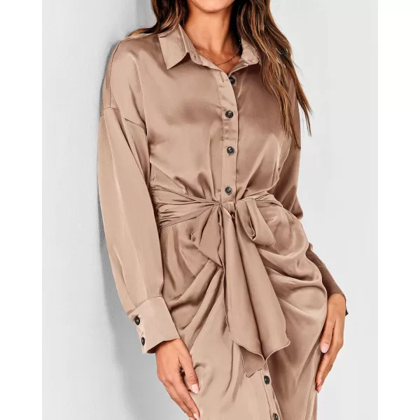 BTFBM Women Long Sleeve Satin Dress 2024 Summer Fall Lapel V Neck Button Down Belted Elegant Ruched Maxi Shirt DressesSolid Light Khaki