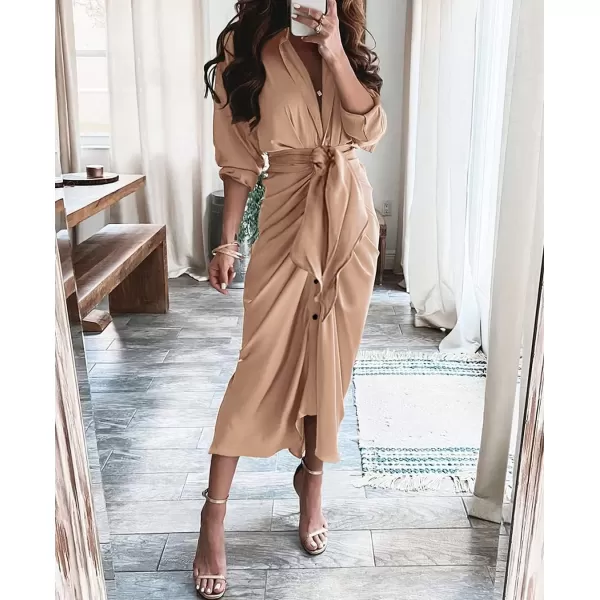 BTFBM Women Long Sleeve Satin Dress 2024 Summer Fall Lapel V Neck Button Down Belted Elegant Ruched Maxi Shirt DressesSolid Light Khaki