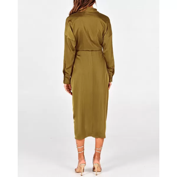 BTFBM Women Long Sleeve Satin Dress 2024 Summer Fall Lapel V Neck Button Down Belted Elegant Ruched Maxi Shirt DressesSolid Olive Green