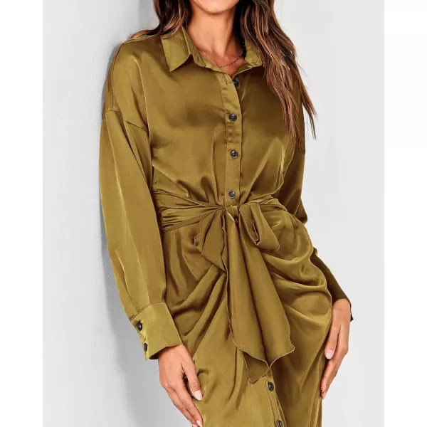 BTFBM Women Long Sleeve Satin Dress 2024 Summer Fall Lapel V Neck Button Down Belted Elegant Ruched Maxi Shirt DressesSolid Olive Green