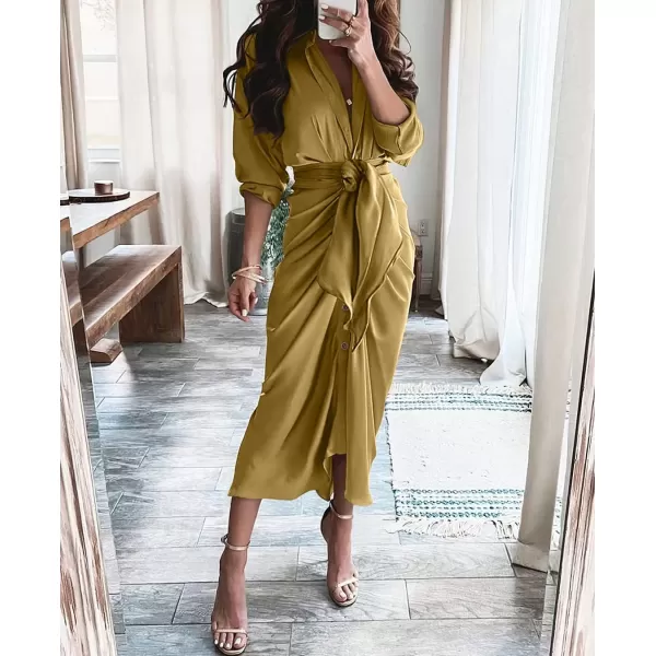 BTFBM Women Long Sleeve Satin Dress 2024 Summer Fall Lapel V Neck Button Down Belted Elegant Ruched Maxi Shirt DressesSolid Olive Green