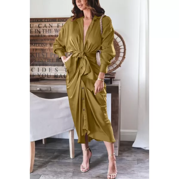 BTFBM Women Long Sleeve Satin Dress 2024 Summer Fall Lapel V Neck Button Down Belted Elegant Ruched Maxi Shirt DressesSolid Olive Green
