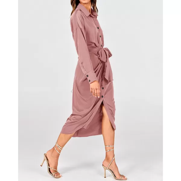 BTFBM Women Long Sleeve Satin Dress 2024 Summer Fall Lapel V Neck Button Down Belted Elegant Ruched Maxi Shirt DressesSolid Pink