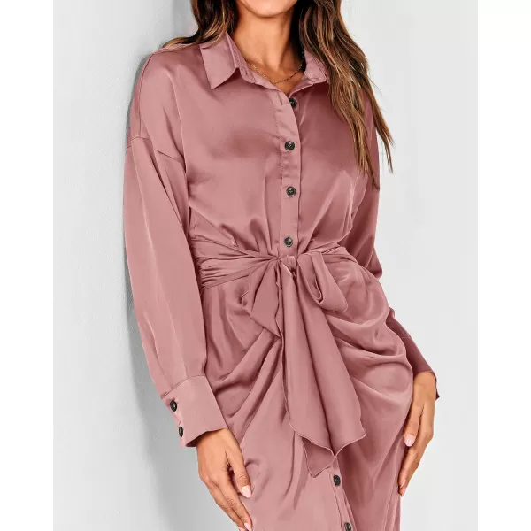 BTFBM Women Long Sleeve Satin Dress 2024 Summer Fall Lapel V Neck Button Down Belted Elegant Ruched Maxi Shirt DressesSolid Pink