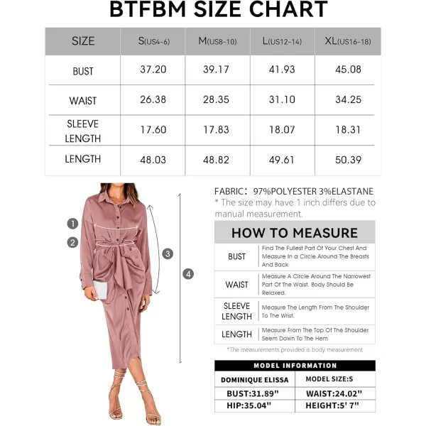BTFBM Women Long Sleeve Satin Dress 2024 Summer Fall Lapel V Neck Button Down Belted Elegant Ruched Maxi Shirt DressesSolid Pink