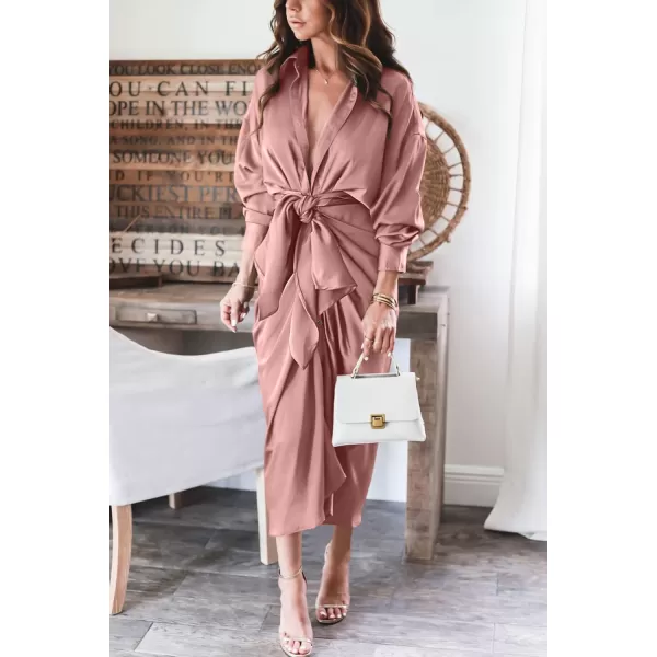 BTFBM Women Long Sleeve Satin Dress 2024 Summer Fall Lapel V Neck Button Down Belted Elegant Ruched Maxi Shirt DressesSolid Pink