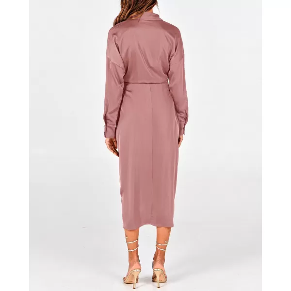 BTFBM Women Long Sleeve Satin Dress 2024 Summer Fall Lapel V Neck Button Down Belted Elegant Ruched Maxi Shirt DressesSolid Pink