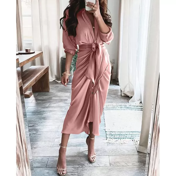 BTFBM Women Long Sleeve Satin Dress 2024 Summer Fall Lapel V Neck Button Down Belted Elegant Ruched Maxi Shirt DressesSolid Pink