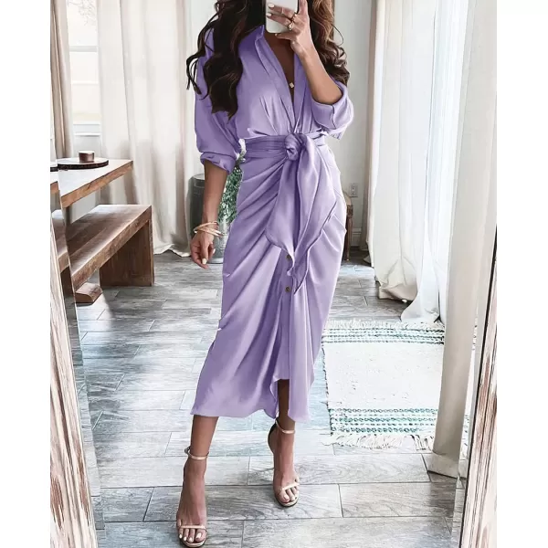 BTFBM Women Long Sleeve Satin Dress 2024 Summer Fall Lapel V Neck Button Down Belted Elegant Ruched Maxi Shirt DressesSolid Purple