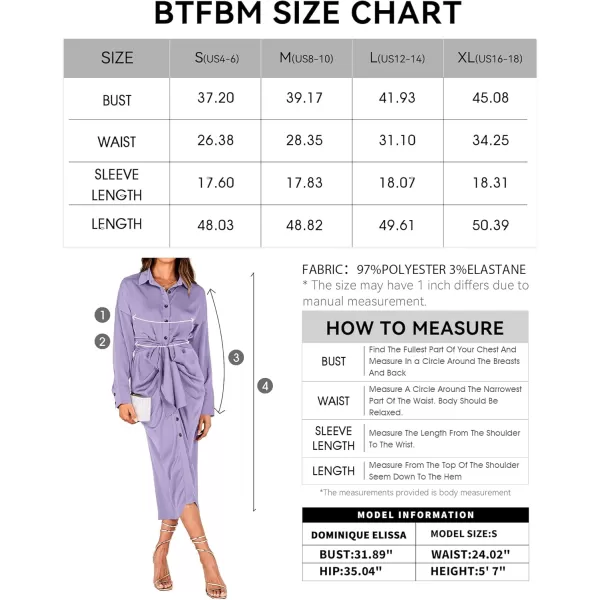 BTFBM Women Long Sleeve Satin Dress 2024 Summer Fall Lapel V Neck Button Down Belted Elegant Ruched Maxi Shirt DressesSolid Purple