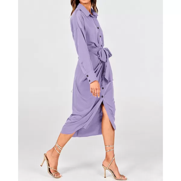 BTFBM Women Long Sleeve Satin Dress 2024 Summer Fall Lapel V Neck Button Down Belted Elegant Ruched Maxi Shirt DressesSolid Purple