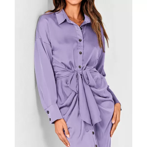 BTFBM Women Long Sleeve Satin Dress 2024 Summer Fall Lapel V Neck Button Down Belted Elegant Ruched Maxi Shirt DressesSolid Purple