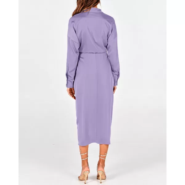 BTFBM Women Long Sleeve Satin Dress 2024 Summer Fall Lapel V Neck Button Down Belted Elegant Ruched Maxi Shirt DressesSolid Purple