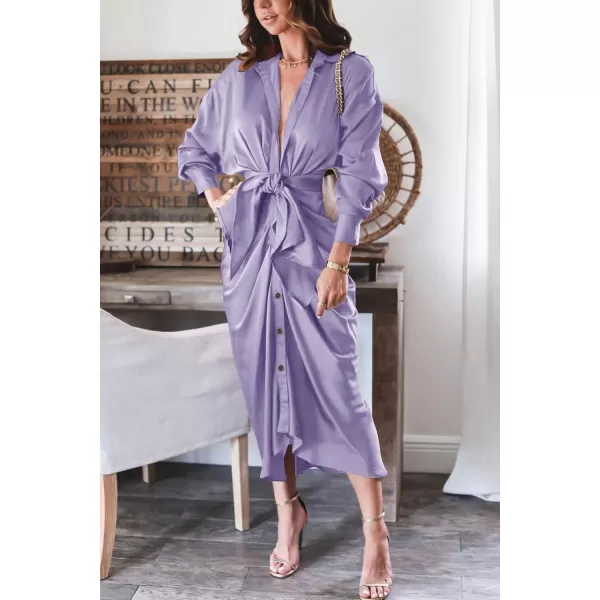 BTFBM Women Long Sleeve Satin Dress 2024 Summer Fall Lapel V Neck Button Down Belted Elegant Ruched Maxi Shirt DressesSolid Purple