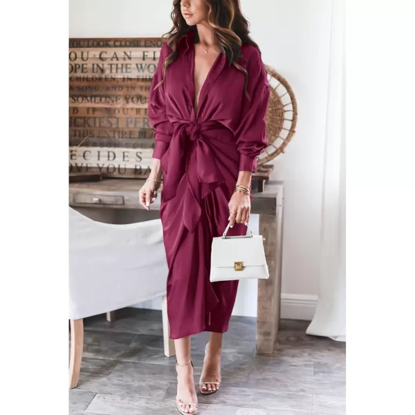 BTFBM Women Long Sleeve Satin Dress 2024 Summer Fall Lapel V Neck Button Down Belted Elegant Ruched Maxi Shirt DressesSolid Purple Red