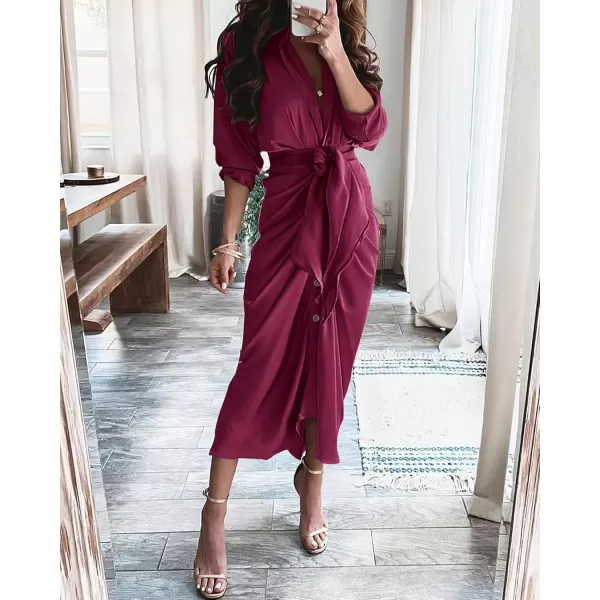 BTFBM Women Long Sleeve Satin Dress 2024 Summer Fall Lapel V Neck Button Down Belted Elegant Ruched Maxi Shirt DressesSolid Purple Red