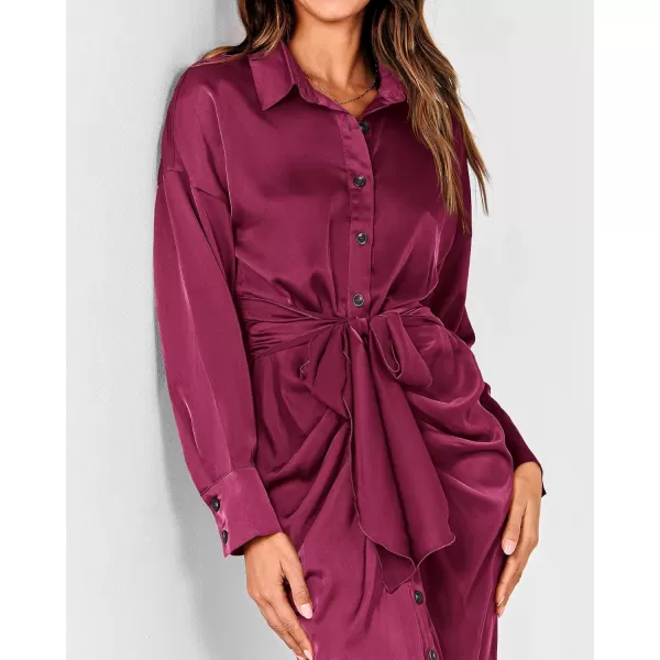 BTFBM Women Long Sleeve Satin Dress 2024 Summer Fall Lapel V Neck Button Down Belted Elegant Ruched Maxi Shirt DressesSolid Purple Red