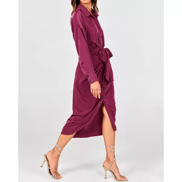 BTFBM Women Long Sleeve Satin Dress 2024 Summer Fall Lapel V Neck Button Down Belted Elegant Ruched Maxi Shirt DressesSolid Purple Red