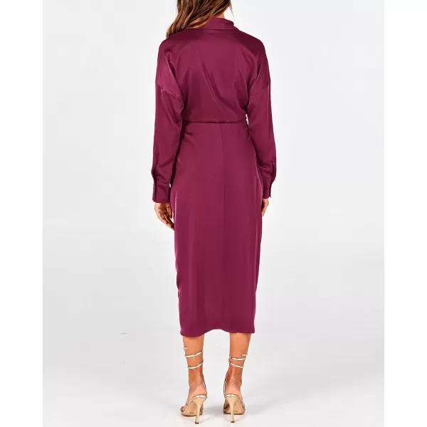 BTFBM Women Long Sleeve Satin Dress 2024 Summer Fall Lapel V Neck Button Down Belted Elegant Ruched Maxi Shirt DressesSolid Purple Red