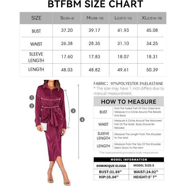 BTFBM Women Long Sleeve Satin Dress 2024 Summer Fall Lapel V Neck Button Down Belted Elegant Ruched Maxi Shirt DressesSolid Purple Red