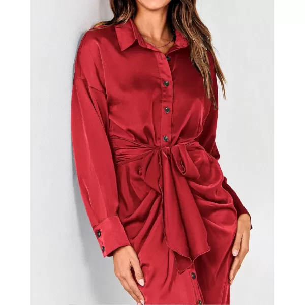 BTFBM Women Long Sleeve Satin Dress 2024 Summer Fall Lapel V Neck Button Down Belted Elegant Ruched Maxi Shirt DressesSolid Red