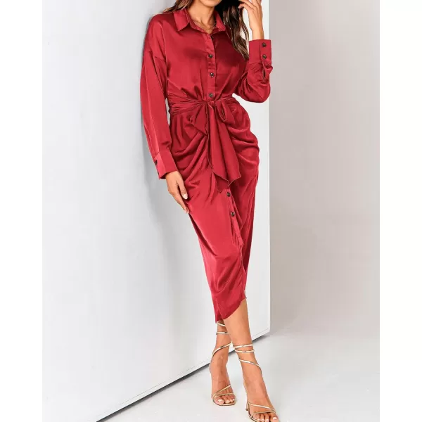 BTFBM Women Long Sleeve Satin Dress 2024 Summer Fall Lapel V Neck Button Down Belted Elegant Ruched Maxi Shirt DressesSolid Red