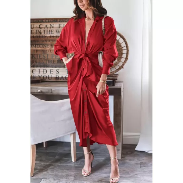 BTFBM Women Long Sleeve Satin Dress 2024 Summer Fall Lapel V Neck Button Down Belted Elegant Ruched Maxi Shirt DressesSolid Red