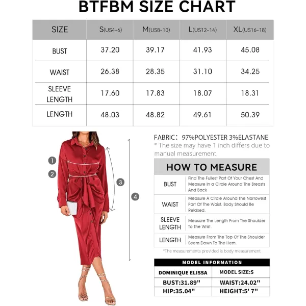 BTFBM Women Long Sleeve Satin Dress 2024 Summer Fall Lapel V Neck Button Down Belted Elegant Ruched Maxi Shirt DressesSolid Red