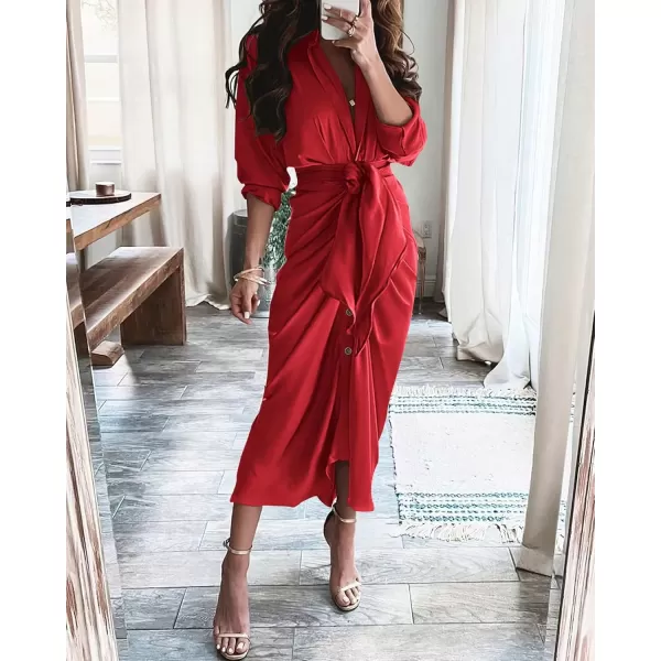 BTFBM Women Long Sleeve Satin Dress 2024 Summer Fall Lapel V Neck Button Down Belted Elegant Ruched Maxi Shirt DressesSolid Red