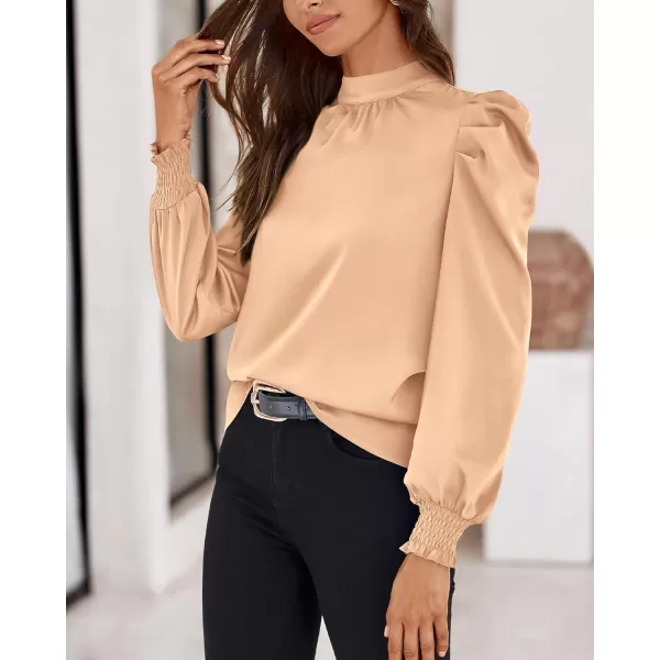 BTFBM Women Satin Puff Long Sleeve Blouses Mock Neck Shirts Business Casual Tops Work Dressy Blouse 2024 Fall ClothesSolid Apricot
