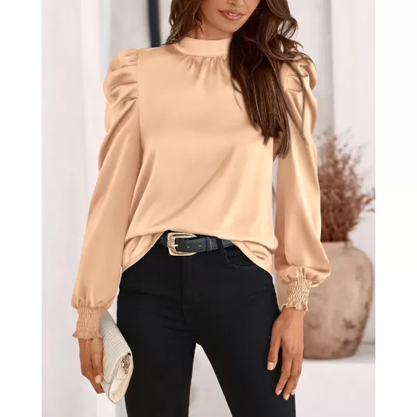 BTFBM Women Satin Puff Long Sleeve Blouses Mock Neck Shirts Business Casual Tops Work Dressy Blouse 2024 Fall ClothesSolid Apricot