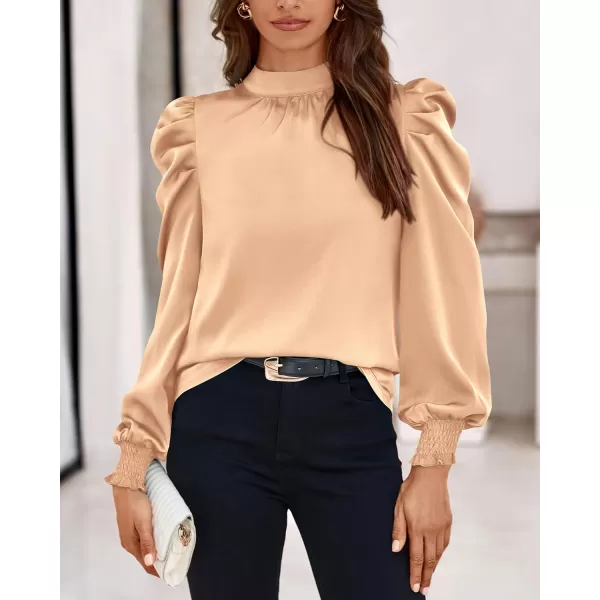 BTFBM Women Satin Puff Long Sleeve Blouses Mock Neck Shirts Business Casual Tops Work Dressy Blouse 2024 Fall ClothesSolid Apricot
