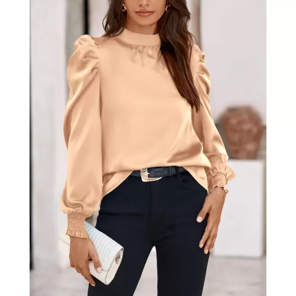 BTFBM Women Satin Puff Long Sleeve Blouses Mock Neck Shirts Business Casual Tops Work Dressy Blouse 2024 Fall ClothesSolid Apricot