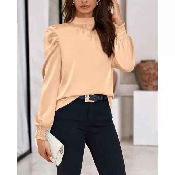 BTFBM Women Satin Puff Long Sleeve Blouses Mock Neck Shirts Business Casual Tops Work Dressy Blouse 2024 Fall ClothesSolid Apricot