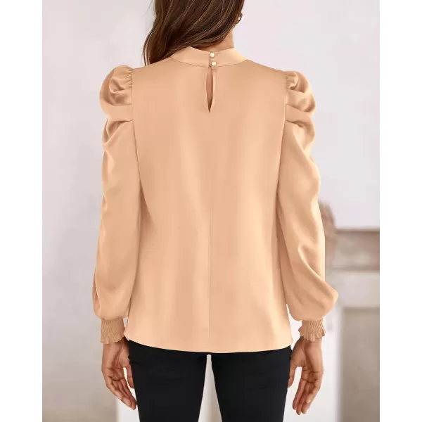 BTFBM Women Satin Puff Long Sleeve Blouses Mock Neck Shirts Business Casual Tops Work Dressy Blouse 2024 Fall ClothesSolid Apricot