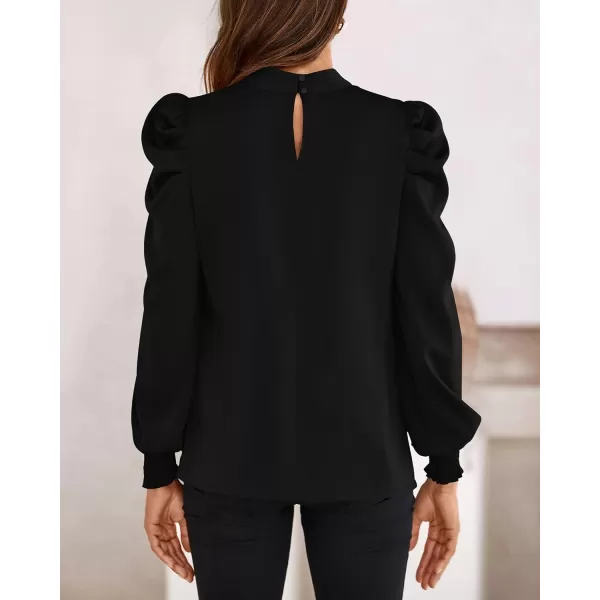 BTFBM Women Satin Puff Long Sleeve Blouses Mock Neck Shirts Business Casual Tops Work Dressy Blouse 2024 Fall ClothesSolid Black