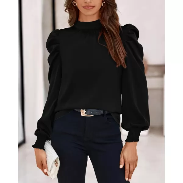 BTFBM Women Satin Puff Long Sleeve Blouses Mock Neck Shirts Business Casual Tops Work Dressy Blouse 2024 Fall ClothesSolid Black