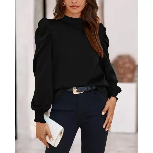 BTFBM Women Satin Puff Long Sleeve Blouses Mock Neck Shirts Business Casual Tops Work Dressy Blouse 2024 Fall ClothesSolid Black