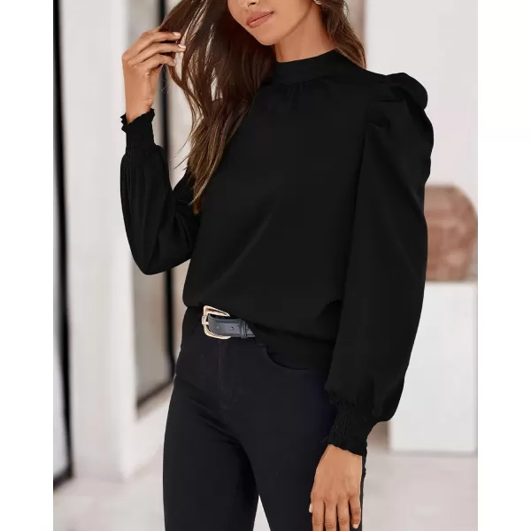 BTFBM Women Satin Puff Long Sleeve Blouses Mock Neck Shirts Business Casual Tops Work Dressy Blouse 2024 Fall ClothesSolid Black