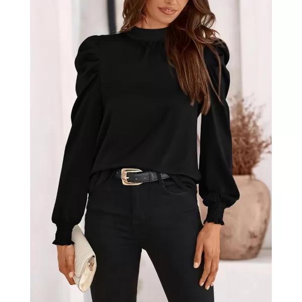 BTFBM Women Satin Puff Long Sleeve Blouses Mock Neck Shirts Business Casual Tops Work Dressy Blouse 2024 Fall ClothesSolid Black