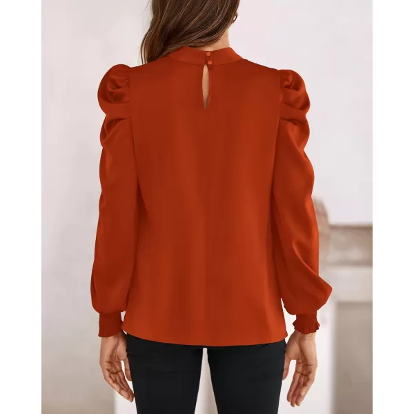 BTFBM Women Satin Puff Long Sleeve Blouses Mock Neck Shirts Business Casual Tops Work Dressy Blouse 2024 Fall ClothesSolid Brick Red