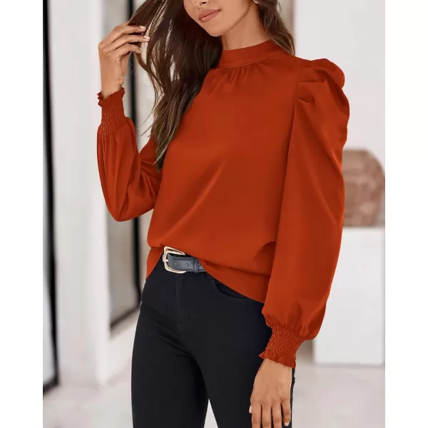 BTFBM Women Satin Puff Long Sleeve Blouses Mock Neck Shirts Business Casual Tops Work Dressy Blouse 2024 Fall ClothesSolid Brick Red