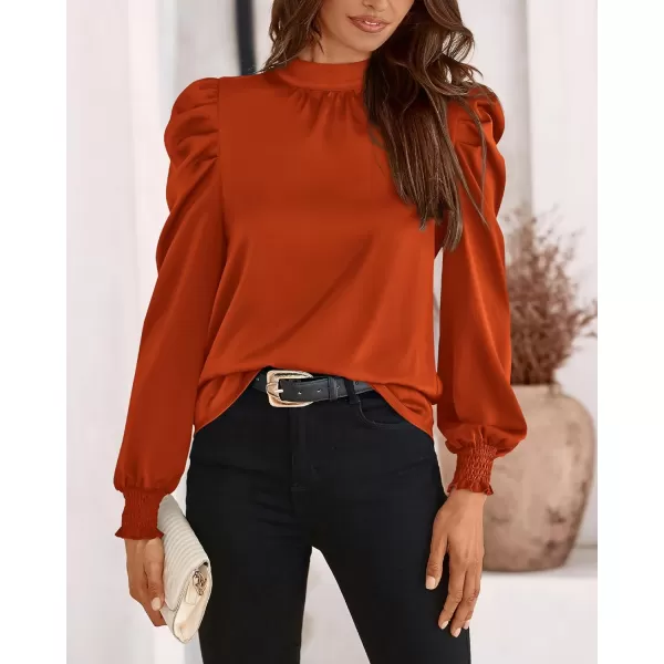 BTFBM Women Satin Puff Long Sleeve Blouses Mock Neck Shirts Business Casual Tops Work Dressy Blouse 2024 Fall ClothesSolid Brick Red