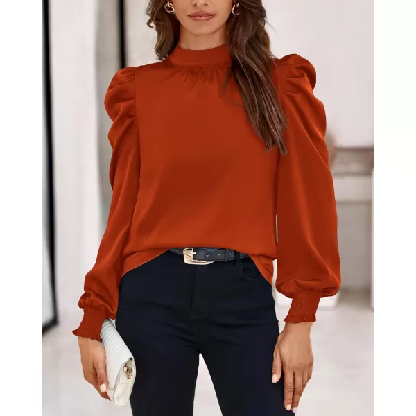 BTFBM Women Satin Puff Long Sleeve Blouses Mock Neck Shirts Business Casual Tops Work Dressy Blouse 2024 Fall ClothesSolid Brick Red