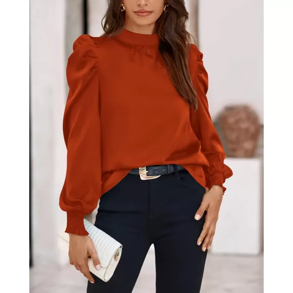 BTFBM Women Satin Puff Long Sleeve Blouses Mock Neck Shirts Business Casual Tops Work Dressy Blouse 2024 Fall ClothesSolid Brick Red